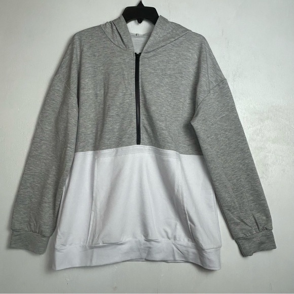 BRAND NEW Hooded pullover half zip Gray white size Large unisex long sleeve - Picture 1 of 14